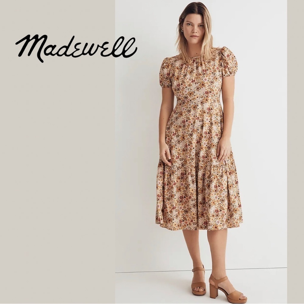 NWOT Madewell Puff Sleeve Open Back Tiered Midi Dress